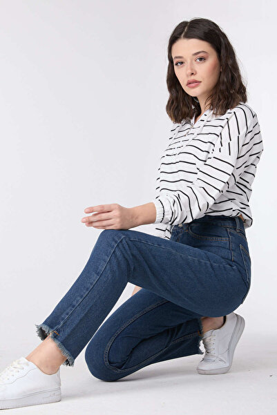 TOFİSA 23670-KAHVE-TINT-YIKAMA Yüksek Bel Paça Püsküllü Mom Jeans