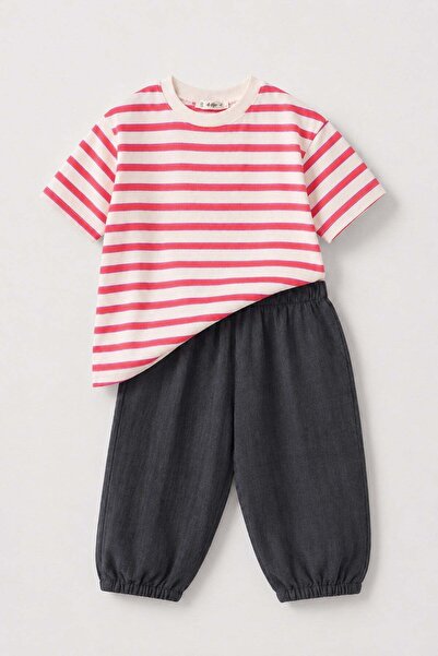 Cigit Muslin Shalwar T-Shirt Set for 2-10 Years Old, Fuchsia Orange Striped