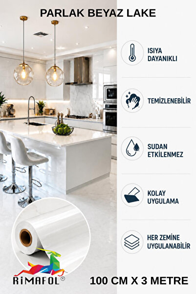 RİMAFOL Parlak Beyaz Yapışkanlı Mutfak Dolap ve Mobilya Kaplama Folyosu 100 C...
