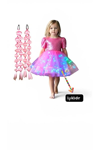 3b kids payetli pembe ışıklı elbise kostüm + pembe bubble saç seti kuromi pre...