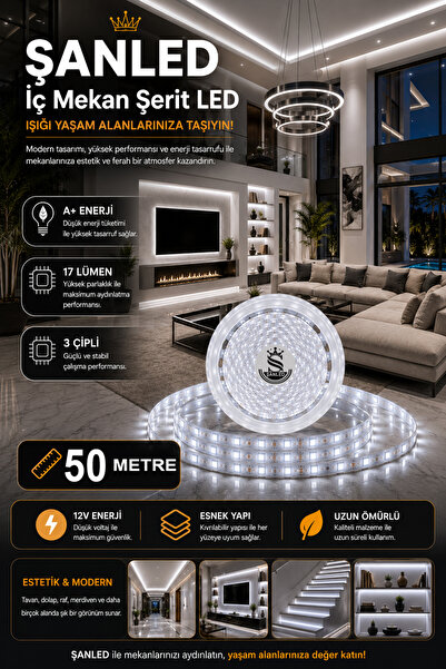 ŞANLED 3 Çipli Iç Mekan Şerit Led Tüm Mekanlar-(trafosuz) 5,10,20,30,40,50,100m