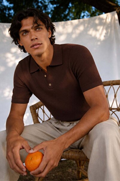 Madmext Brown Snap Closure Polo Collar Knitwear Men's T-Shirt E7493