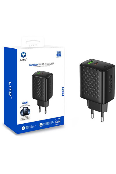 Lito LC24 GaN 1xUSB-C + 1xUSB-A PD 3.0 QC 3.0 PC Ignifug EU 65W Negru