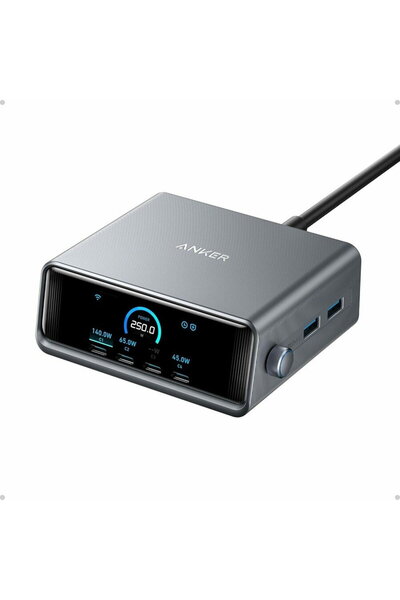 Anker Prime 250W, Ultra-Rapid cu 6 Porturi, 2x USB-A, 4x USB-C, GaN, Ecran LC...