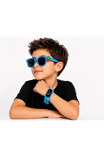 Rodium Children's Wristwatch Led Watch and Glasses Set with Blue Dinosaur Emoji