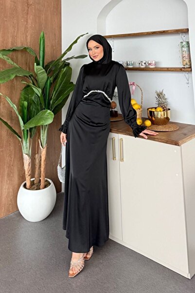 Tesettür Diyarı فستان سهرة من الساتان المزين بالأكمام المكشكشة والأحجار من أه...