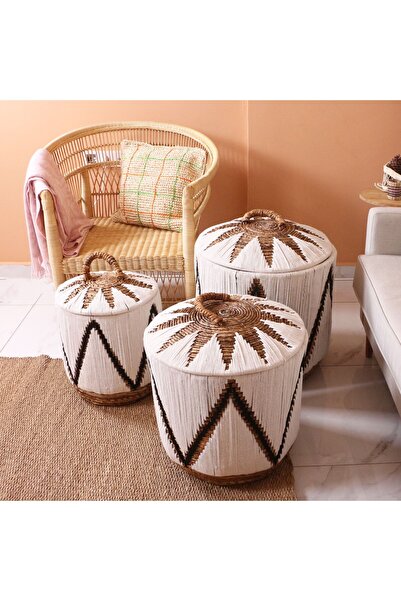Mylamp SÖKE BEYAZ Makrome ve Doğal Abaka - Kapaklı Sepet 52x50 cm