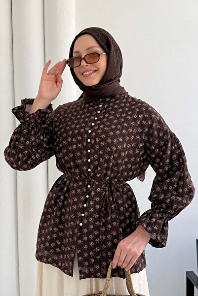 Modaensarbutik Vual Kumaş Çiçek Desenli Önü Düğmeli Gömlek-ACI KAHVE
