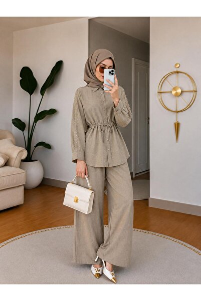 HİRA LİFE FASHİON Women's Stone Detailed Sleeveless Loose Linen Shirt and Wai...