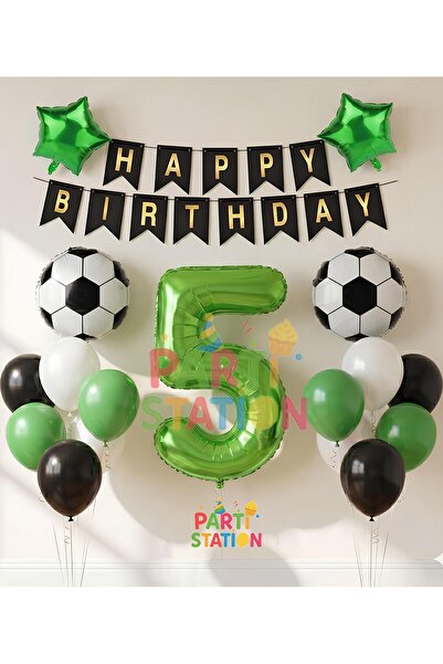 Parti Station Futbol Maç Konsept Yeşil Rakam 5 Yaş Balon Futbol Konsept Yeşil...