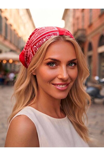 Axesoire 13912 Patch Desenli Koton Kırmızı Bandana Fular 50x50 cm