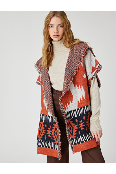 Koton Ethnic Patterned Poncho with Tassel Detail, Comfortable Cut