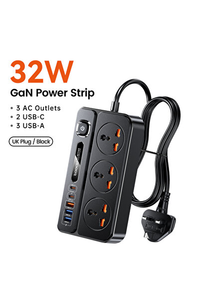 Toocki Universal AC Outlet UK Plug 8-in-1 32W GaN Power Strip 2500W Max Unive...