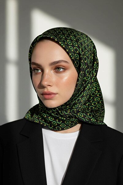 Vissona %100 Twill İpek Zincir Desenli Siyah - Zümrüt Renkli 90x90 Eşarp Kena...