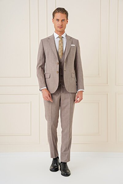 Efor Slim Fit Çift Yırtmaç Kırçıllı Dokuma Vizon Yelekli Takım Elbise TK 902