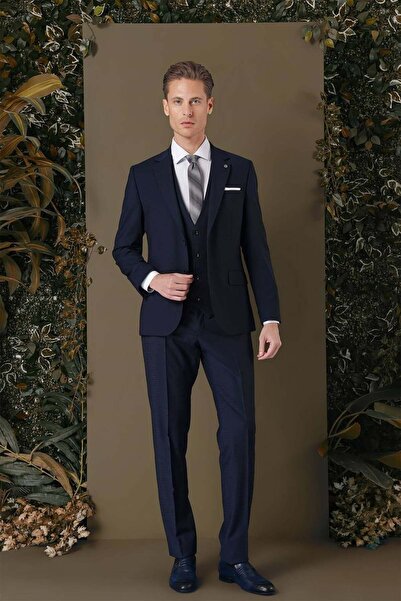 Efor Slim Fit %94 Yün Esnek Pötikare Desenli Lacivert Yelekli Takım Elbise TK...