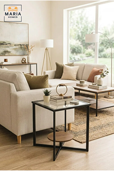 MARIA HOMES طاولة جانبية زجاجية عصرية بإطار معدني أسود ورف خشبي بني - طاولة ج...