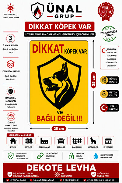 ünalgrup Dikkat Köpek Var Levhası A4 21x29 cm.7 cm PVC 21x30 cm Kolay Montaj
