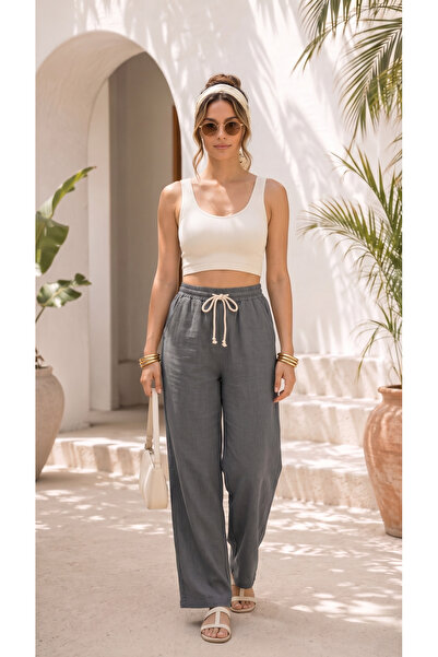 BADESSA Women's Smoked Linen Look, Premium Textured, High Waist Palazzo Pants...