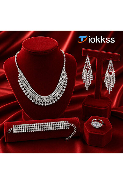 Tiokkss 5PCS Women Rhinestone Jewelry Set, Silver Crystal-Look Necklace Earri...
