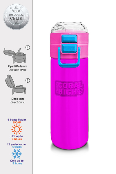 Coral High Kids Pembe Pipetli ve Direkt İçim Çelik Termos 500 ml 31843