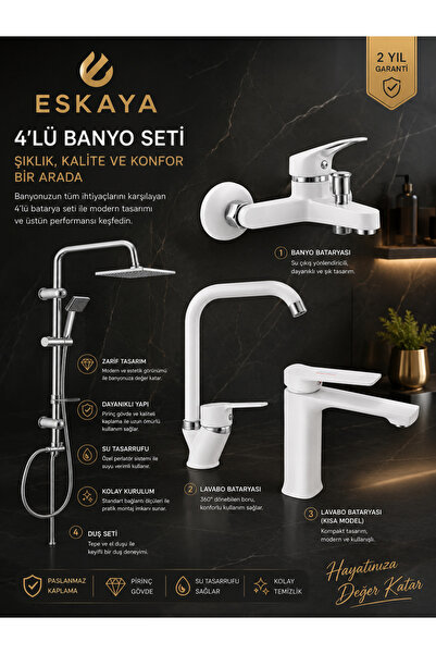 ESHOME Beyaz 4'lü Full Batarya Seti Banyo - Lavabo - Mutfak Bataryası Full Set