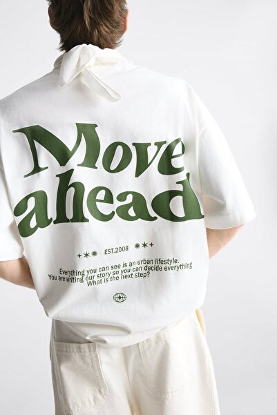 The Champ Clothing Beyaz Move Ahead Baskılı Bisiklet Yaka Oversize Erkek T-shirt