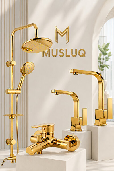 MUSLUQ RocciArmatur 4’lü Batarya Seti Gold Altın Pirinç Banyo Lavabo Kare Mut...