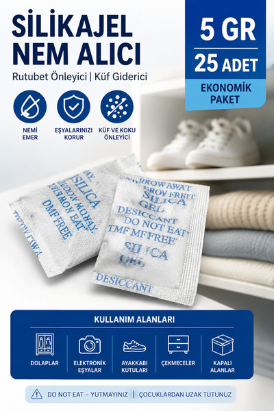 Dünya Magnet 5 Gr 25 Adet Silikajel Nem Alıcı Silika Jel Rutubet Önleyici Küf...