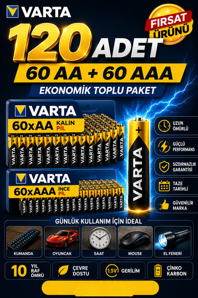ANI OFİS KIRTASİYE A K AA + AAA Pil 120'lı Set (60 AA + 60 AAA) 1.5V – Ekonom...