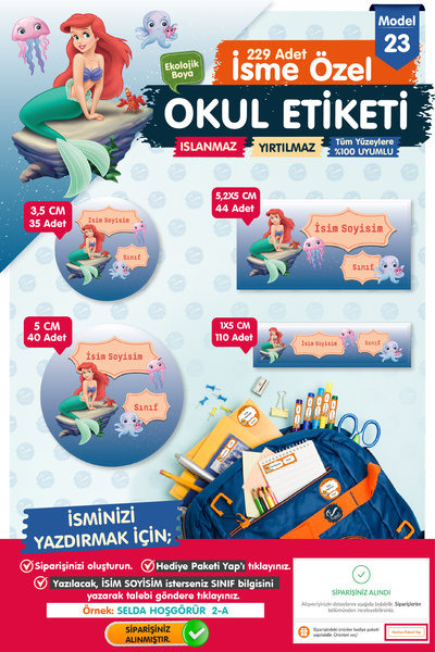 t tuğset etiket Okul Etiketi Deniz Kızı Ariel Kalem Defter Etiketi Özel İsim ...