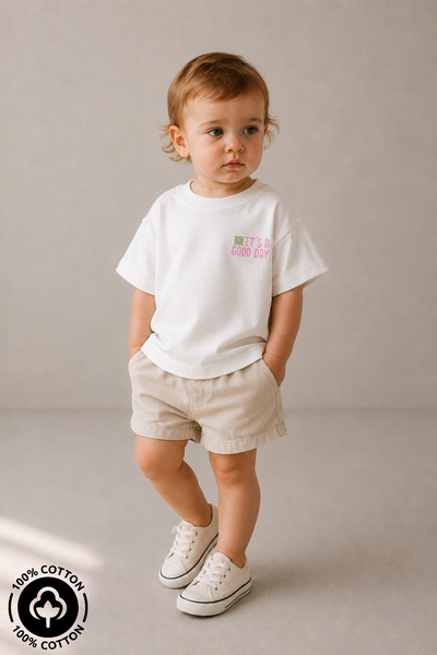 Miniel Kız Bisiklet Yaka Flowers Baskılı %100 Pamuklu Oversize T-shirt Bebek-Çocuk