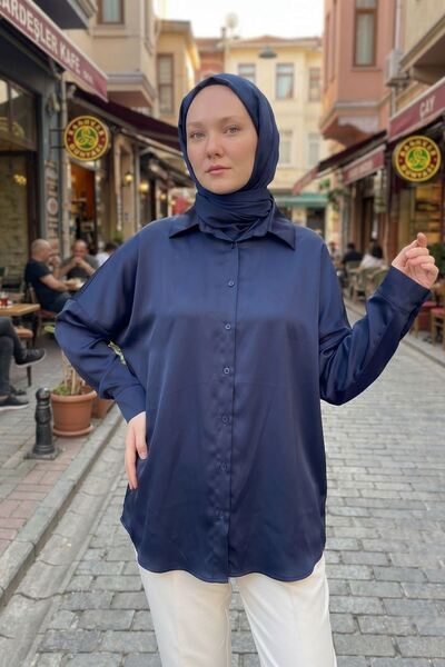 Generic Brand Women's Navy Blue Satin Fabric Hijab Shirt Tunic