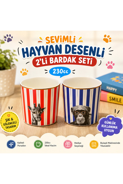 Saatistan Cute Animal Patterned Set of 2 Cups, 230Cc, Beautiful and Stylish D...