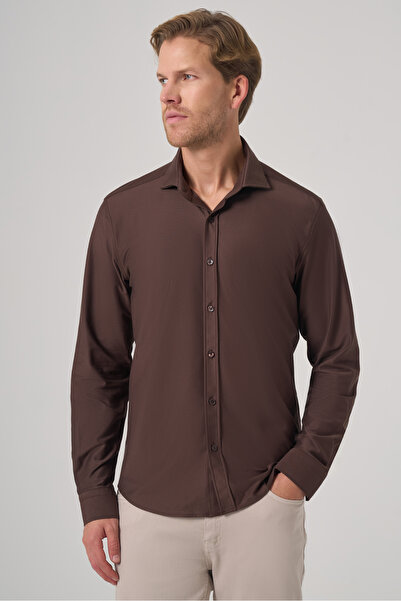 Morven Cămașă cu guler complet italian pentru bărbați, maro, Trend Flat slim fit