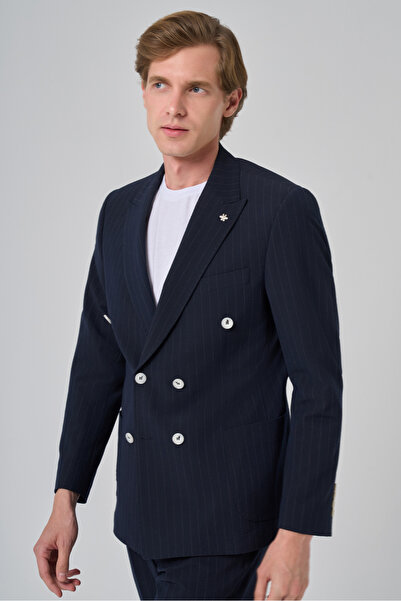 Morven Men's Navy Blue Polyviscose Striped Sports Double Breasted Slim Fit Po...