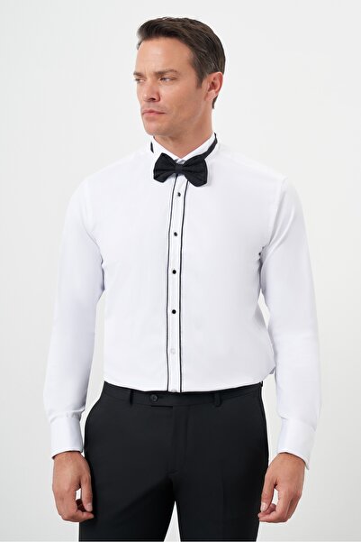 Morven Men's Black Piping Plain Pattern Horse Collar Slim Fit Shirt
