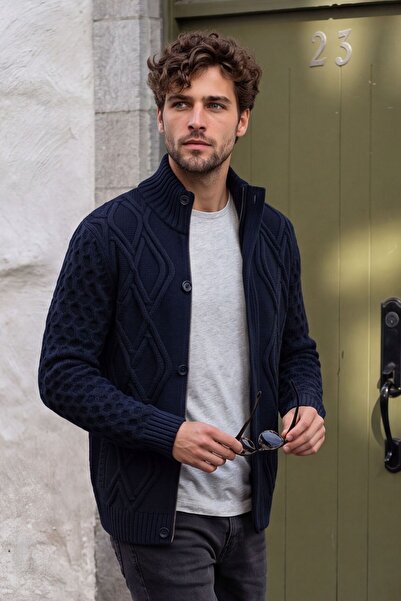 Çizgi Triko Men's Thick Knitwear Navy Blue Cardigan Classic Fit with Buttons ...