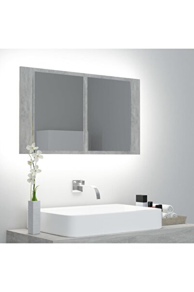 Concept Dulap de baie cu oglindă și LED, gri beton, 80x12x45 cm