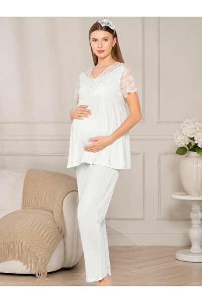 FLZ Maternity Short Sleeve Lace Detailed Pajama Set 24-02