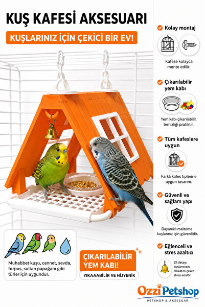 ozzipetshop Kuş Kafesi Evi ve Yemlik-Tüm Kafeslere Uyumlu-Kuş Papağan Oyuncağı