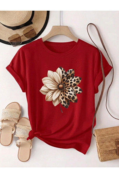 uyguntarz Unisex Leopard Patterned Daisy Printed Design Tshirt