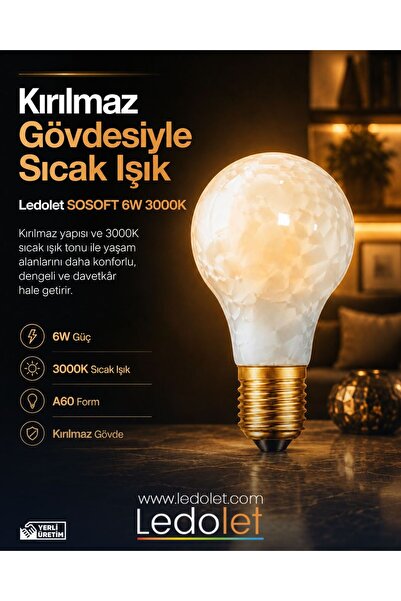 LEDOLET 6w SOSOFT 3000K Kırılmaz Flament LED ampul A60