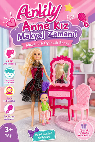 craftivio Anlily Anne Kız Makyaj Masalı Aksesuarlı Oyuncak Bebek Seti 30 cm
