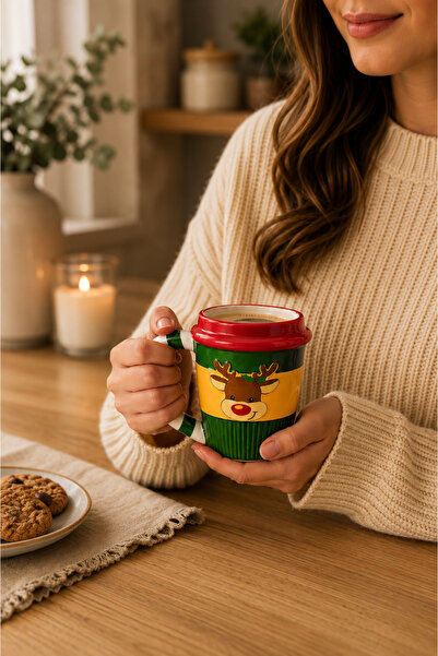 Rosie Yılbaşı Temalı El Yapımı Geyik Kupa, Hediyelik Kupa, Mug, 400 ml