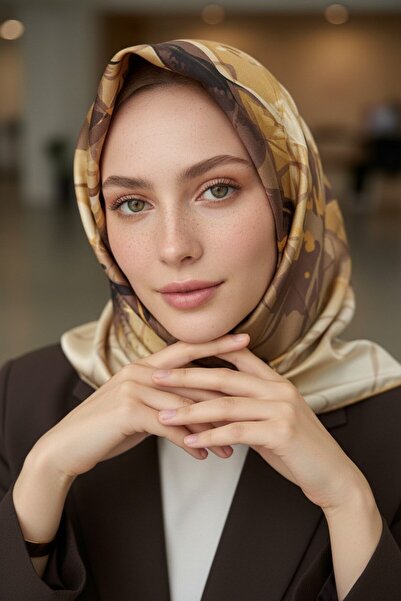 Vissona %100 Twill İpek Çiçekli Sulu Boya Dalga Desenli Bej - Hardal Renkli 9...