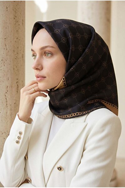 Vissona %100 Twill İpek Zincirli Ve Monogram Desenli Siyah - Gold Renkli 90x9...