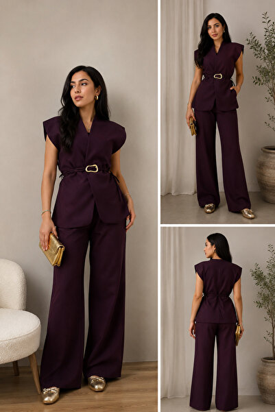 BNGL Boutique Mürdüm yelek& pallazzo pantolon & gold kuşak takım