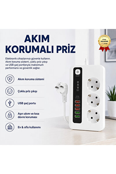 hızlı store Akım Korumalı Çoklu Priz – USB Girişli, Anahtarlı, Yüksek Güvenli...