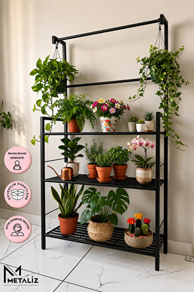 METALİZ YENİLİKÇİ TASARIMLAR Modern Siyah 3 Katlı Metal Çiçeklik Standı Çok A...
